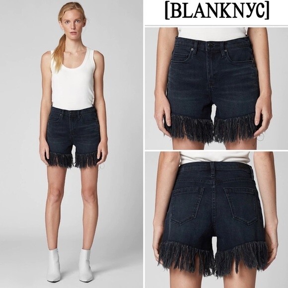 BLANK NYC Lenox High Rise Waisted Fringe Hem Denim Jean Boho Shorts in Vixen 24 - Picture 3 of 16
